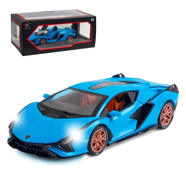 1/24 Diecast Car Toys for Kids, Zinc Alloy Lambo Sian FKP 37 Model Toy Car with Light and Sound, Pull Back Vehicles Toy Car for Toddlers Boys Girls Birthday Gift (Blue)