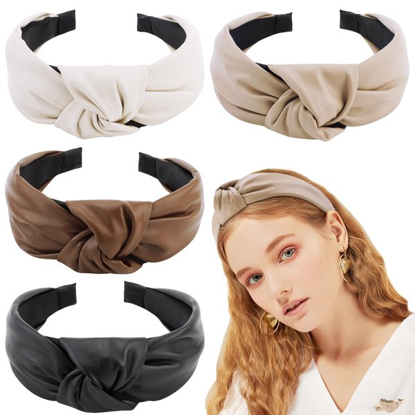 TOBATOBA Leather Headbands for Women, 4Pcs PU Leather Knotted Headband for Women, Top Knot Headband, Diademas Para Mujer De Moda, Neutral Cute Womens Fashion Headband, Hair Accessories for Women Girls