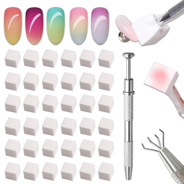 100 Pcs Soft Nail Sponges with 4 Claws Metal Grabber, Wsimily White Mini Nail Sponges for Ombre Metal Grabber Pen Nail Brush Nail Supplies Manicure Nail Art Tools Nail Accessories