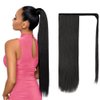 ISWEET - Long Ponytail Extension for Black Women - 28 Inch Natural Black Straight Clip on Pony Tails Hair Extensions - Magic Paste Heat Resistant Synthetic Wrap Around Fake Ponytail Hairpiece