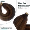 Tape in Human Hair Extensions Ombre Highlights Tape in Hair Extensions Dark Brown and Chestnut Brown Balayage Real Human Hair Tape in Extensions for Women 16 Inch 50g 20pcs
