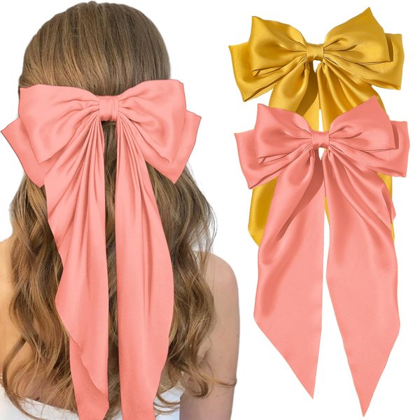 Hair Bows for Women, 2 pcs Big Silky Satin Bow Hair Clips, Metal Clips Long Tail Accessories Hair Bows for Girls for Birthday Gift (Watermelon Red Bow & Yellow Bow)