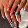 MERVF Oval Press on Nails Medium Fake Nails Press ons Colorful Glue on Nails with Checkered Striped Design Round Cute Summer Acrylic False Nails Glossy 24pcs