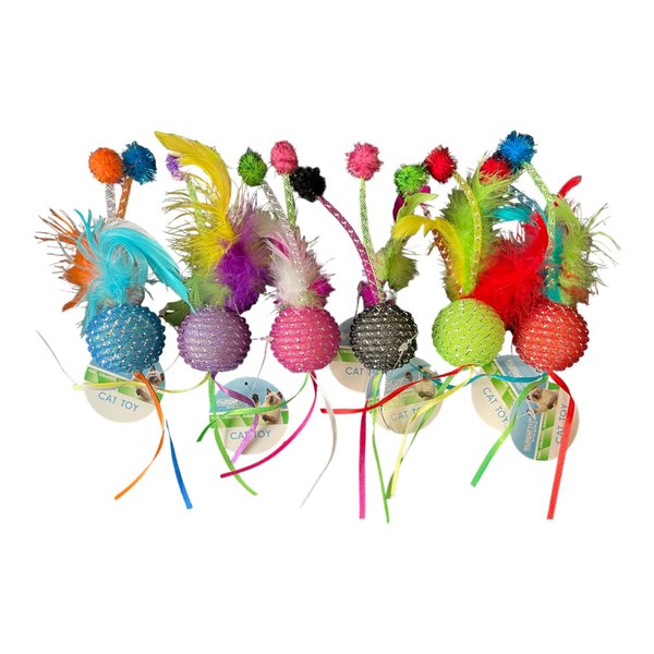 Multipet Mesh Feather Ball Cat Toy - Fun, Creative, Durable Playtime Delights (6-Pack, Colors May Vary)