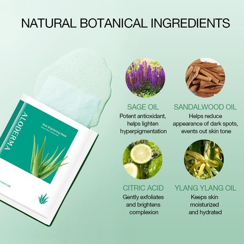 Aloderma Brightening Sheet Masks with 88% Organic Aloe Vera - 5 Pack Facial Masks with Niacinamide, Arginine for Radiant Skin - Evens Skin Tone & Revitalizes Rough, Dull Skin - Aloe Face Mask Sheet