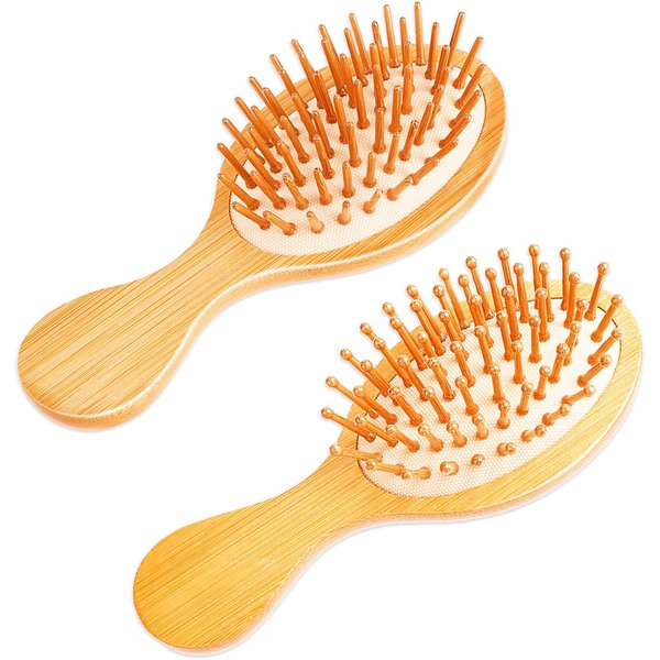 2 PCS Bamboo Hair Brush,Bamboo Brush Mini Hair Brush Anti-Static Travel Brushes for Hair Massage Scalp Detangling Brush Yellow Mini Hairbrush Natural Wooden Pocket Travel Small Hair Brush for All Hair