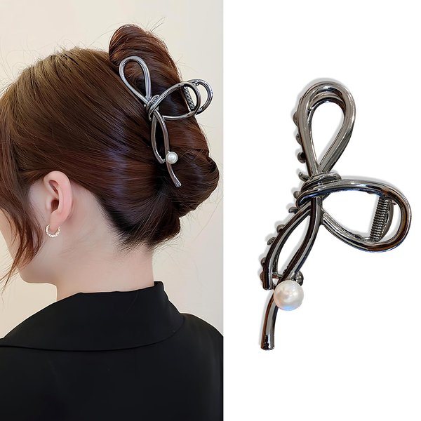 Metal Black Bow Hair Claw Clips with White Pearls Design Elegant French Hairpins Jaw Clips Black Hair Clips for Thick and Thin Hair No Crease Hair Accessories for Women Girls Daily Wedding Wear