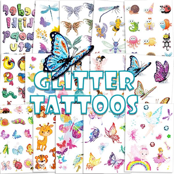 Konsait 180pcs Glitter Tattoos for Kids,Glitter Flash Temporary Tattoos Flower Fairy/Princess/Butterfly/Animal Fake Tattoo Sticker for Girls Children Birthday Party Favor Gift Bag Filler Rewards