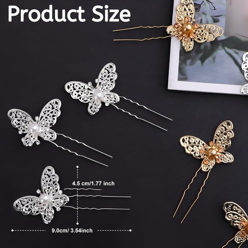 16Pcs Butterfly Wedding Hair Pins, FHDUSRYO Shiny Bridal Hair Clips, Crystal Pearl Butterfly Hairpin, U Shaped Rhinestone Hair Barrettes, Wedding Hair Accessories for Women, Girls, Party (Gold)