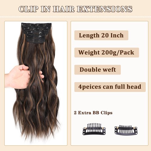 ZRQ 20 Inch Clip in Hair Extensions for Women, Brown Black&Honey Blonde 4PCS Hair Extensions Clip Ins Soft Hair Pieces for Women Thick Long Wavy Hair Extensions #2H426