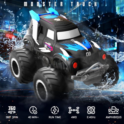 BEZAR Remote Control Monster Truck - Amphibious Remote Control Car for Kids, All Terrain 4WD Off-Road RC Trucks with 2 Rechargeable Batteries, Christmas Birthday Gifts Toys for Boys & Girls Age 4-12