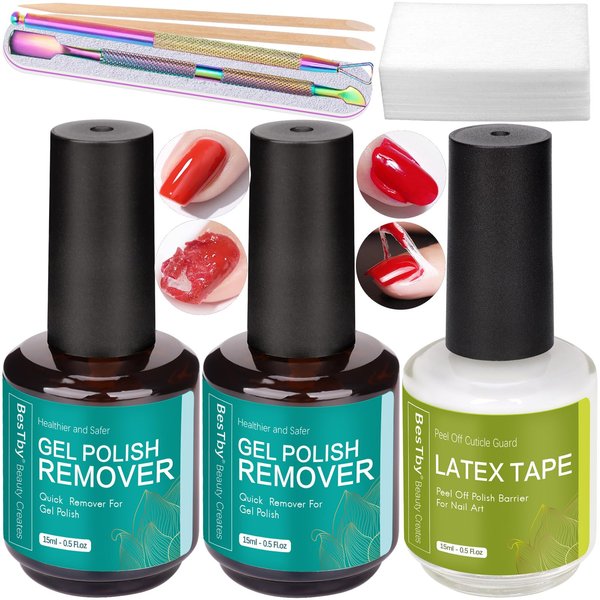 BesTby Gel Nail Polish Remover (2 PACKS 15ML), Professional Gel Polish Remover 3-5 Minutes with Liquid Latex Tape Protect Cuticle, Quickly & Easily Gel Remover Tool Remove Gel Nail Polish