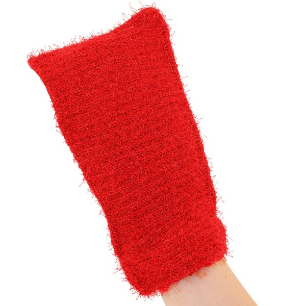 Exfoliating Loofah Glove Scrubber Mitten, Double Sided Bath Sponge Mitten and Soap Bag for Foaming (Red)