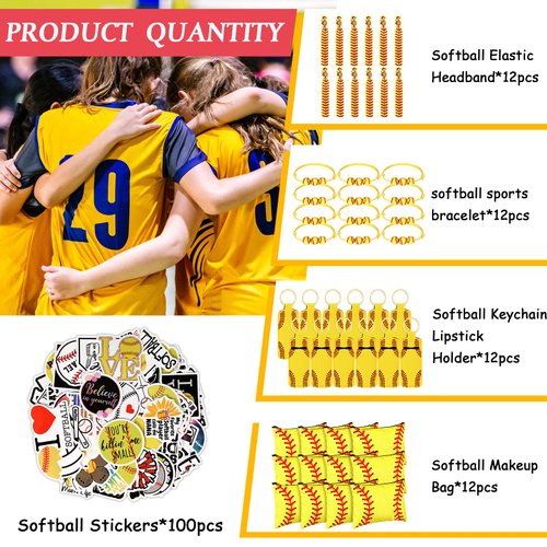 LEIFIDE 148 Pcs Softball Gift for Girls Softball Party Favors Softball Makeup Bag Softball Bracelet Keychain Stickers Hair Ties for Sport Birthday Decoration