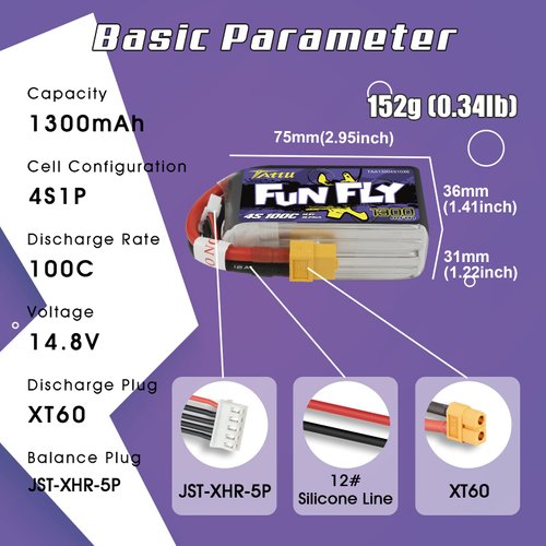 Tattu 4S 1300mAh 100C 14.8V LiPo Battery Pack with XT60 Plug for RC Heli Airplane Drone FPV Racing