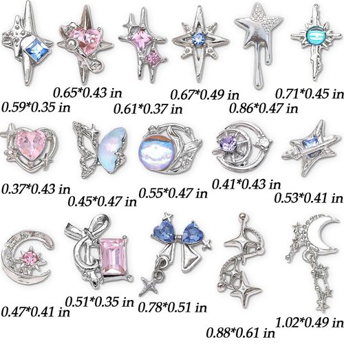 16 Styles Luxury Moon Star Nail Charms for Acrylic Nails Alloy Rhinestone Star Moon Nail Art Charms 3D Bow Butterfly Silver Nail Charms Y2k Nail Accessories Metal Nail Jewels for Nail Art Supplies