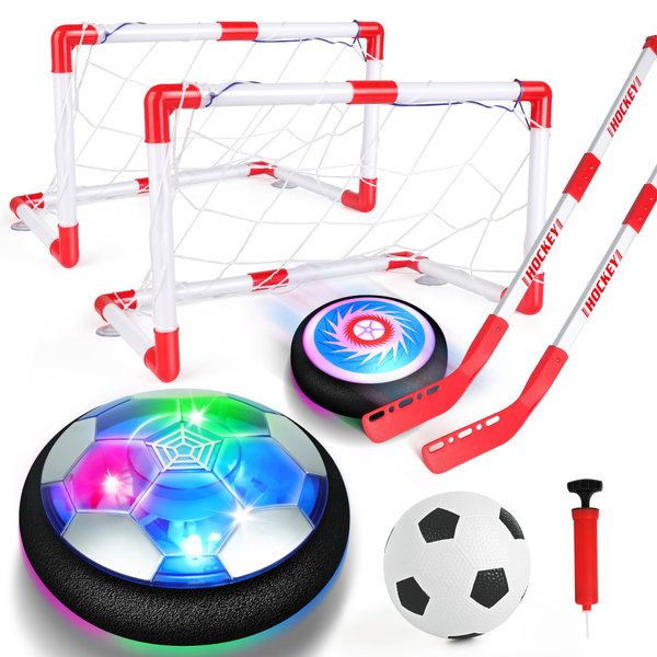 Billeeit 3-in-1 Hover Soccer Ball Set, Including 2 LED Hover Hockey and Soccer Ball Toys, Festive Red & White Goals, Sports Game Toy, Christmas/Birthday Gift for 4-8, 8-12 Years Old Boys
