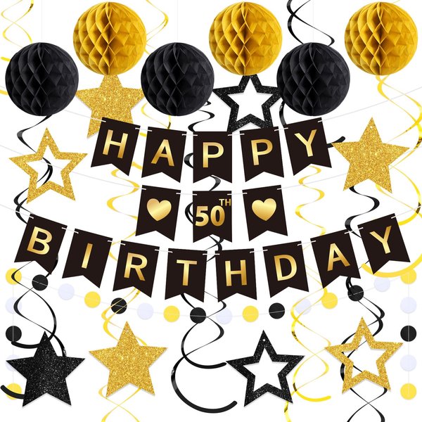 Chiisong 50th Black and Gold Happy Birthday Decorations Happy Birthday Banner with Glitter Stars Hanging Swirl Streamers Honeycomb Balls Circle Dots Garland Happy Birthday Sign for Birthday Party