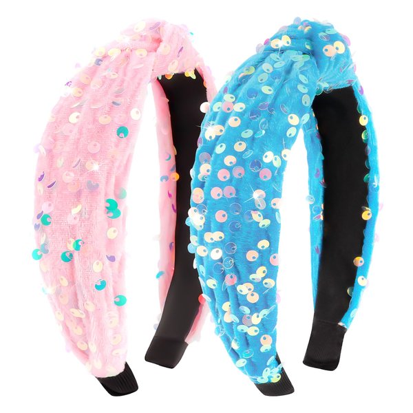 Tihebax Sequin Knotted Headbands for Girls and Women, Girls Headbands Pink Glitter Headbands Blue Sparkly Headbands Women Velvet Hair Bands for Little Girls 2pcs Knot Headbands for Women Girls