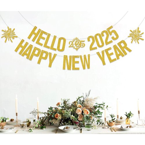 Hello 2025,Happy New Year Banner,2025 New Years sign Decor,Goodbye 2024,Cheers 2025,Christmas New Years Eve Party Decor Supplies Gold