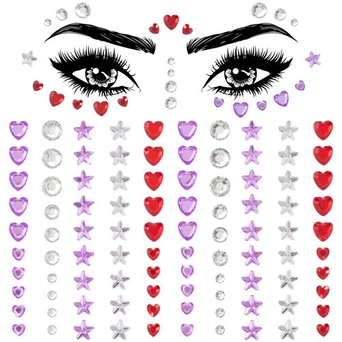 OIIKI 1 Sheet Star Heart Face Gems Stickers, Eye Face Jewels Stick on, Colorful Acrylic Rhinestone Face Makeup Tattoo Stickers, Rave Accessories for Halloween, Parties -Clear/Purple/Red -96pcs