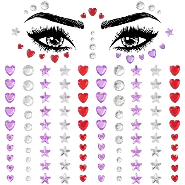 OIIKI 1 Sheet Star Heart Face Gems Stickers, Eye Face Jewels Stick on, Colorful Acrylic Rhinestone Face Makeup Tattoo Stickers, Rave Accessories for Halloween, Parties -Clear/Purple/Red -96pcs