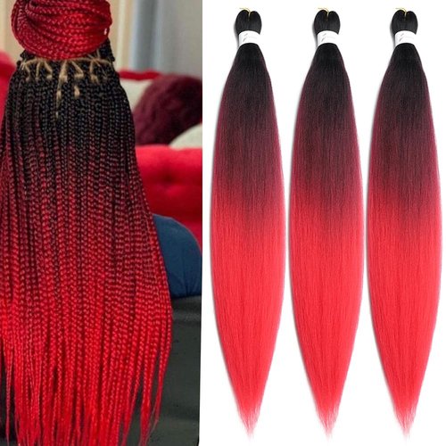 Pre Stretched Braiding Hair 26 Inch Ombre Red Kanekalon Braiding Hair Extensions Hot Water Setting Crochet Box Braids Hair (26 Inch (Pack of 3), Black-Wine Red-Red)