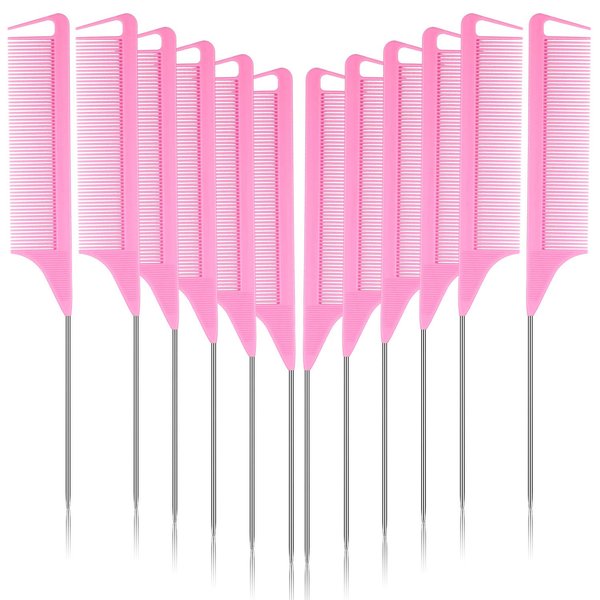Patelai 12 Pcs Parting Comb for Braids Bulk, Rat Tail Comb for Parting Stainless Steel Pintail Comb Teasing Combs Braiding Comb Pressing Comb for Hair Styling Hairdressing Hair Salon Home(Pink)