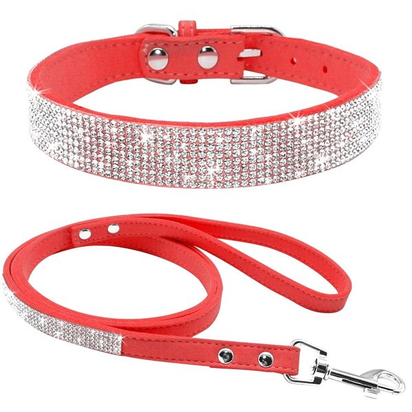 Haoyueer Cute Dazzling Sparkling Elegant Fancy Soft Suede Leather Bling Rhinestone Crystal Jeweled Pet Cat Dog Puppy Collar Dog Leash Combo Set(Red,XXS)