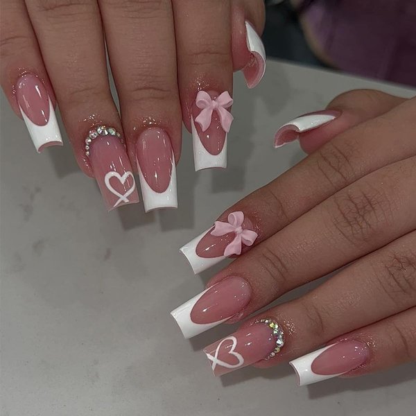 French Tip Press on Nails with Charms Medium Fake Nails White French Nails Press ons Cute Bow Stick on Nails Long Square Shape Acrylic Nails Heart Nails Rhinestones Nails for Women Daily Wear