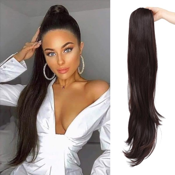 YOLANFAIRY 32 Inch Long Straight Drawstring Ponytail Extension Synthetic Hair Extensions Ponytail Natural Soft Fake Pony Tail Hair Pieces for Women (Dark Brown)