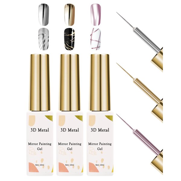Metallic Painting Nail Gel Polish Set, 3x10ml Gold Sliver Champagne Gold Metal Liner Nail Polish Painted Drawing Gel, 3D Mirror Chrome Effect Glossy Gel Polish Soak Off DIY Nail Art Manicure for women