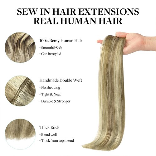 DOORES Weft Hair Extensions Human Hair, 20 Inch 100g Light Brown Highlighted Medium Blonde, Sew in Hair Extensions Weft Sew in Hair Bundles Full Head Double Weft Straight Hair