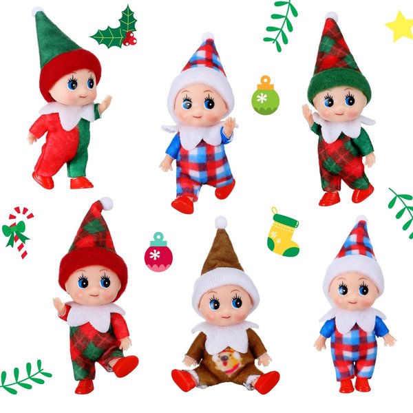 Threan 6 Pcs Christmas Elf Doll Mini Elf Twins in Bib Pants and Bodysuit Miniature Plaid Accessories Green and Red Elf Suitable for Xmas New Year Decor Gift