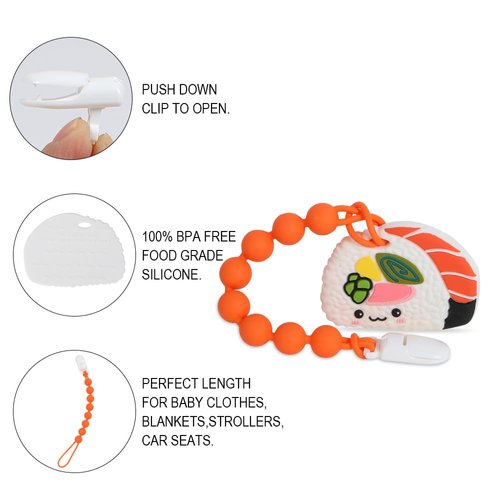 Baby Teething Toys,Food Grade Silicone Teether with One-Piece Pacifier Clip Holder,Shower Gift,Highly Effective Pain Relief for 3 Months+ Boy and Girl,BPA Free,Freezer Safe. (Sushi)
