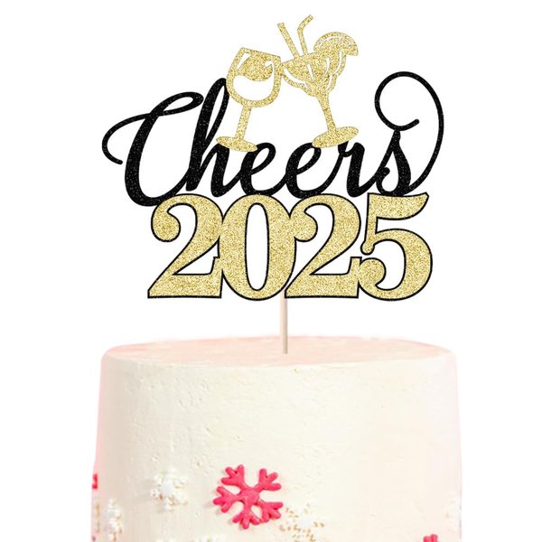 glitter Cheers 2025 Cake Topper, Cheers 2025 Theme Party Cake Decor Happy New Year/New Year's Eve Party Cake Decorations Supplies (black golden)