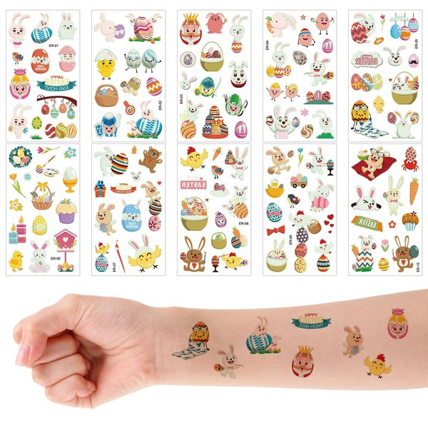 10 Sheets Luminous Easter Tattoo Sticker for Kids, Cute Colorful Egg Bunny Temporary Tattoos Glow-in-the-Dark Rabbit Tattoo Easter Party Favors Gift Basket Stuffer Games Prizes