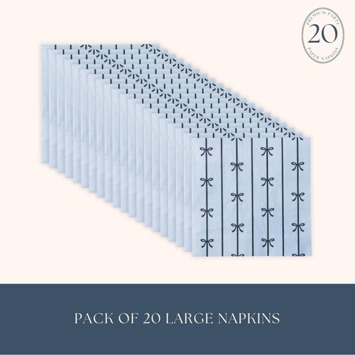 Bonjour Fête Light Blue Bow Large Paper Party Napkins | 3-Ply Napkins for Birthday, Holiday & Party Decorations | Premium Lunch Napkins | Eco-Friendly Party Table Decor | Pack of 20, 6.5" Folded