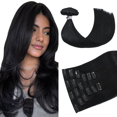HUAYI Black Clip in Hair Extensions Real Human Hair 16 Inch Jet Black Hair Extensions Clip ins Human Hair Natural Hair Extensions Clip in Full Head 7pcs 120G