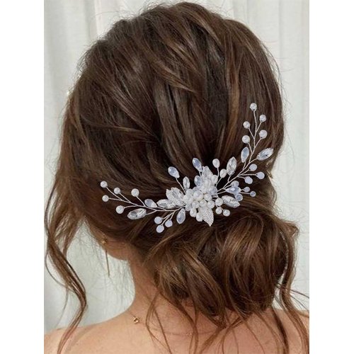 Yean Pearl Bride Wedding Hair Comb Sliver Crystal Bridal Hair Piece Leaf Hair Accessories for Women and Girls