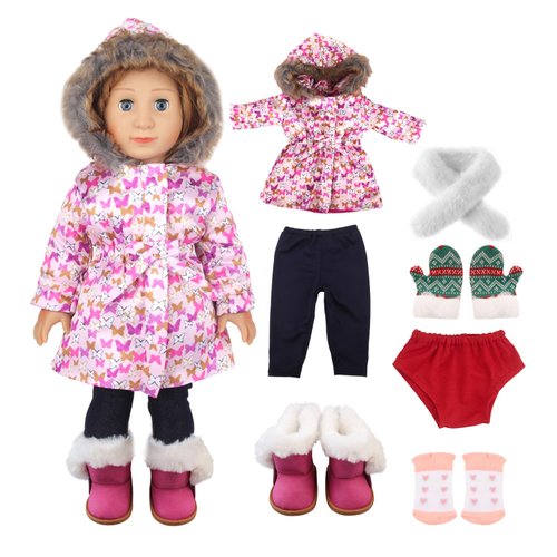 MSYO 18-inch Doll Down Jacket, Doll Winter Clothing Set, 5 Different Colors and Patterns Available. (Pink-Butterfly Print)