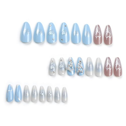 Hkanlre Medium Almond Press on Nails Blue Heart Fake Cute Nails Tips Full Cover False Bling Nails for Women and Girls 24PCS