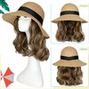 Qlenkay Straw Sun Hat with 10in Synthetic Hair Extension Short Wavy Curly Wig Wide Brim Women Adjustable Cap Detachable Hairpiece for Summer Travel Light Brown Mix Ash Blonde