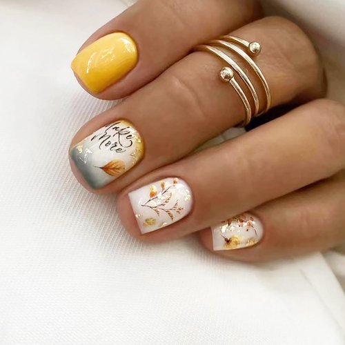 24Pcs Fall Fake Nails Short Press on Nails Yellow Leaves Full Cover Design Square Glue on Nails Autumn Maple Leaf Acrylic Nails Coffin False Nails for Women Girl Thanksgiving Nails Decoration Supplies