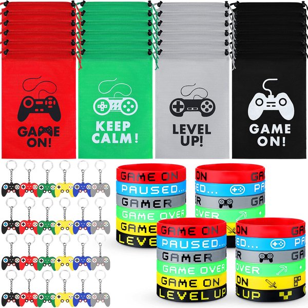 Jexine 72 Pcs Video Game Party Favors Include 24 Gaming Favor Bags with Drawstring, 24 Video Game Silicone Bracelets Gamer Bracelets Wristbands, 24 Video Game Controller Keychain for Birthday Supplies