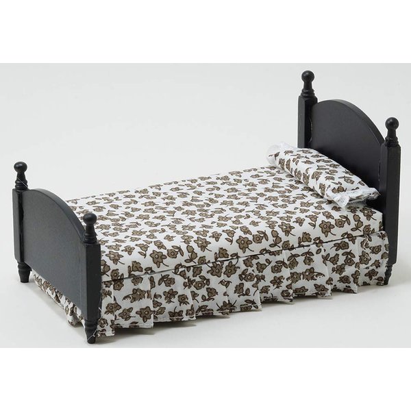 Classics by Handley Dollhouse Miniature Single Bed, Black with Brown and White Floral Fabric