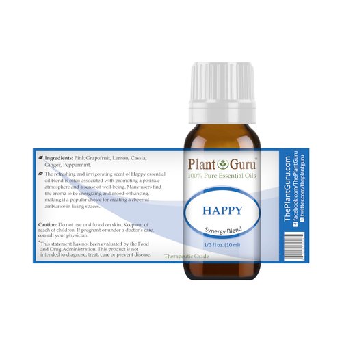 Happy Essential Oil Blend 10 ml 100% Pure, Undiluted, Therapeutic Grade. (Blend of: Pink Grapefruit, Lemon, Cassia, Ginger, Peppermint)