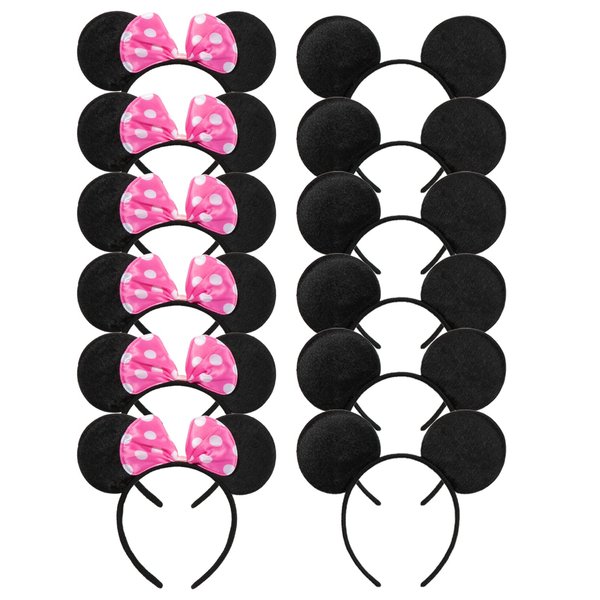 CHuangQi Mouse Ears Solid Black and Pink Bow Headband for Boys & Girls Birthday Party, Pack of 12