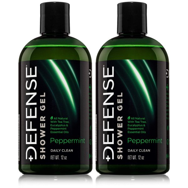 Defense Soap Peppermint Shower Gel | 100% Natural Organic Moisturizing Mint Tea Tree Body Wash, 12 oz (Pack of 2)