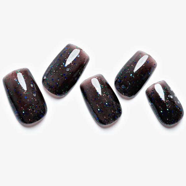 GLAMERMAID Press on Nails Medium Square, Handmade Glitter Black Gel Nail Polish Glue on Nails in Party, 24Pcs Short Square Reusable UV Finish Fake Nails Acrylic False Nails Manicure Kit for Women Gift